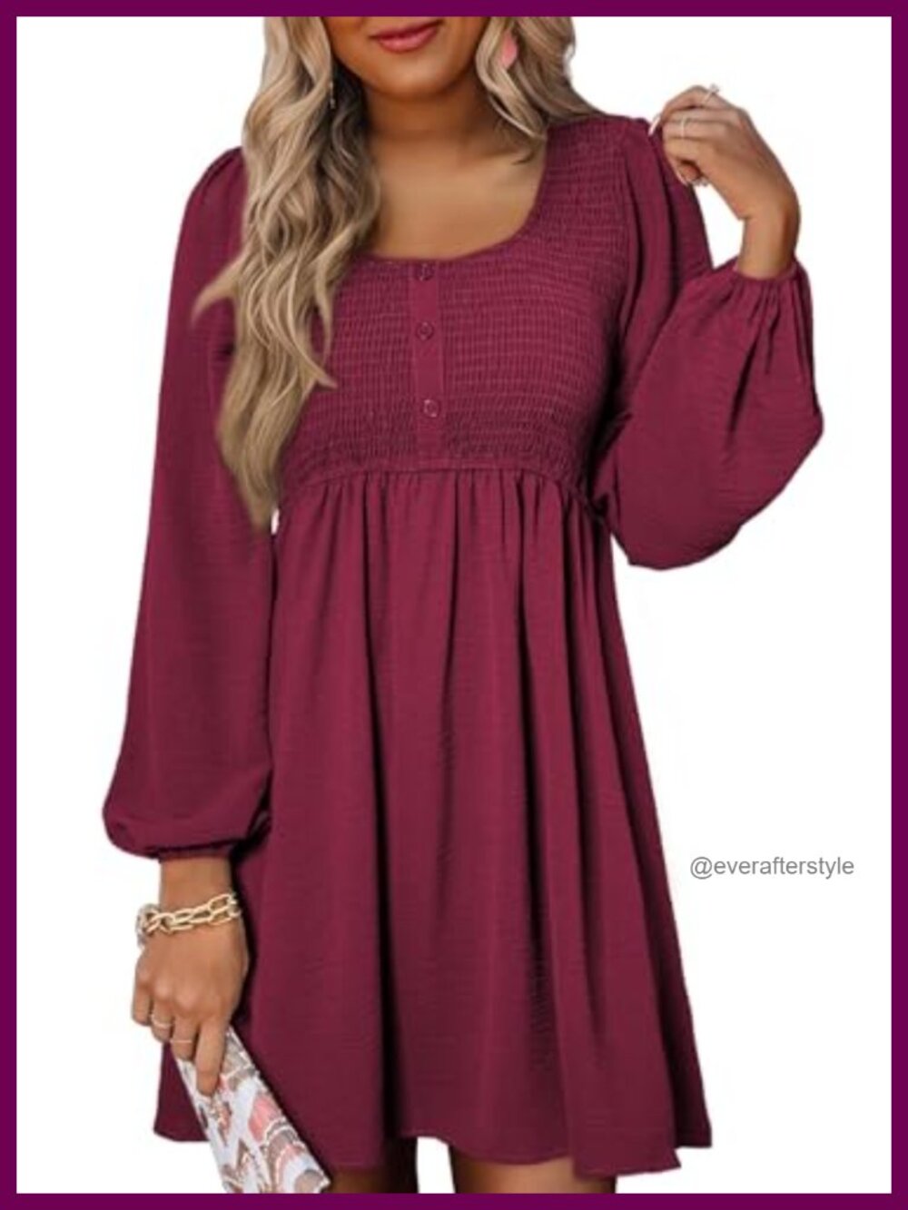 Women Long Sleeve Mini Dress Crewneck Smocked Empire Waist A-Line Casual